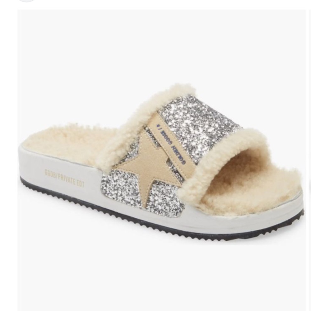 $425 Golden Goose Poolstar Genuine Shearling & Glitter Slide Sandal- Size36 | 6